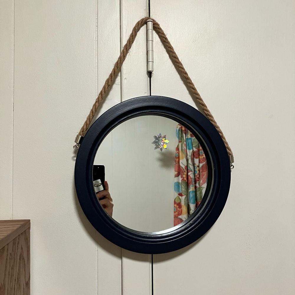 Navy Blue Round Wall Mirror with Rope Hanger